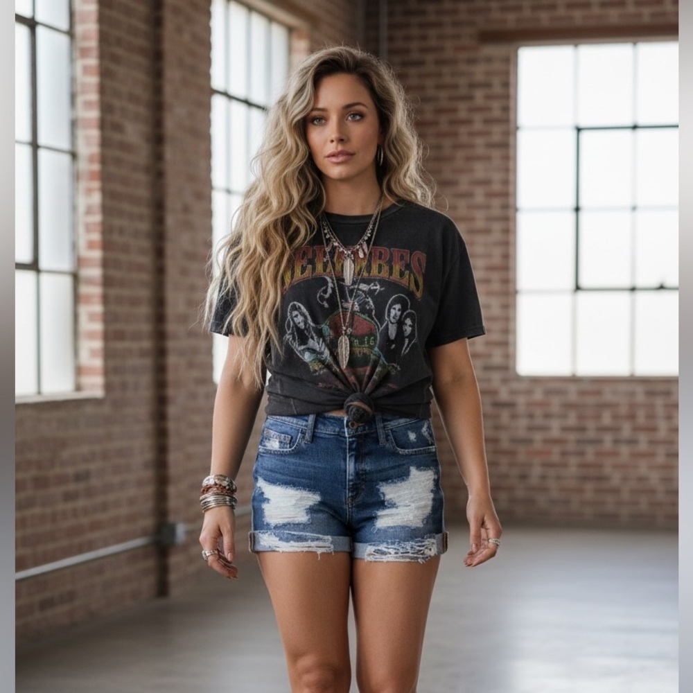 NWT Sneak Peek Distressed Cuffed Stretch Mid Rise Medium Wash Denim Jean Shorts